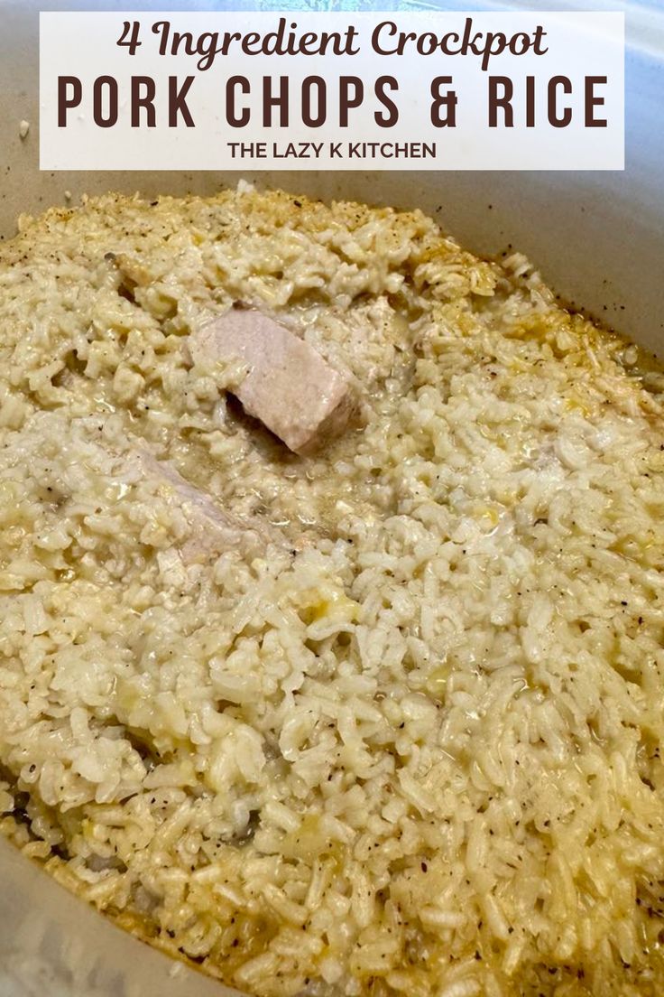 an image of pork chops and rice in the slow cooker with text overlay