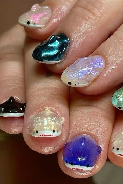 Shark Nail Art, Ocean Nail Ideas, Ocean Nail, Ocean Nails, Punk Nails, Pretty Gel Nails, Really Cute Nails, Kawaii Nails, Nail Art Ideas