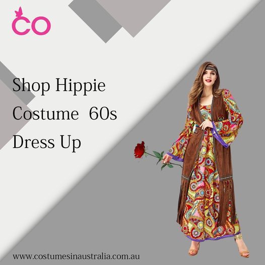 a woman wearing a brown dress and holding a red rose in her hand with the words, shop hippie costume 60's dress up