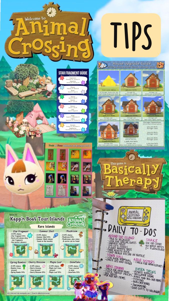 an animal crossing game poster with the title, tips and instructions on how to use it