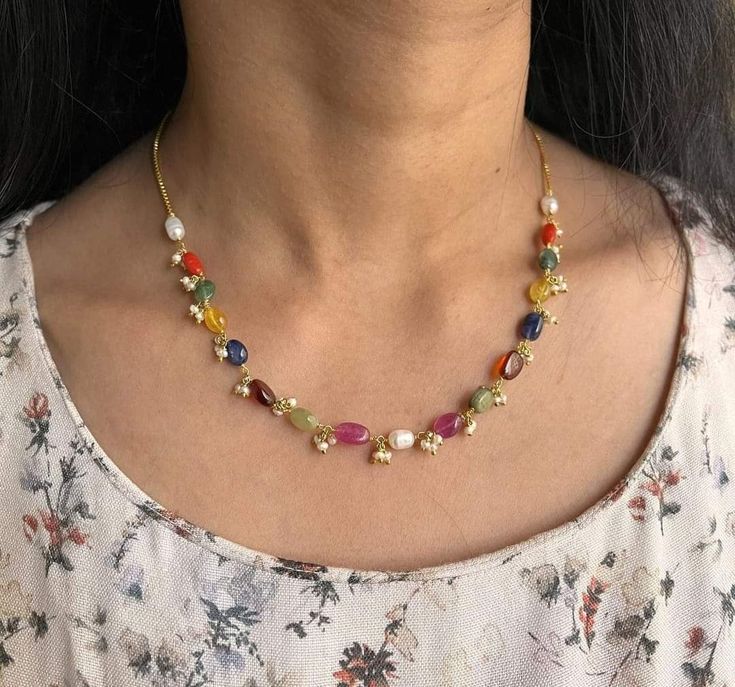 Simple Navaratna Necklace, Navaratna Chain, Navarathan Necklace, Navaratan Jewellery, Simple Locket, Navaratna Jewellery, Beaded Wedding Jewelry, Fashion Jewelry Necklaces Gold, Unique Beaded Jewelry