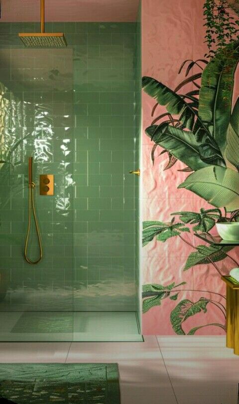 a bathroom with a green shower and pink wallpaper on the walls next to a toilet