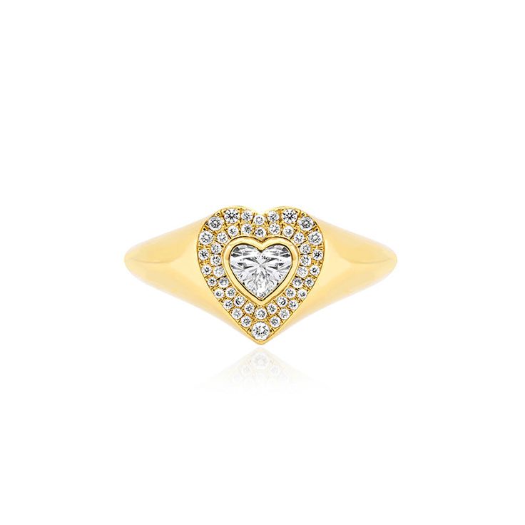 Set with 0.50 carats of bright, white diamonds, our Diamond Heart Signet Ring with Heart-Cut Diamond center is our updated take on the classic statement style ring. A symbol of love, this diamond encrusted signet ring is sure to become a treasured heirloom. Ring Size: 6.5 Carat Weight: 0.50cts Center heart-cut diamond: 0.25cts Heart measures 9.25mm x 10.10mm Custom sizes available upon request. Please email shop@jennifermeyer.com Made with love in Los Angeles Complimentary gift wrapping provided Heart Signet Ring, Heirloom Ring, Symbol Of Love, Jennifer Meyer, Diamond Fashion, Rose Gold Diamonds, Love Symbols, White Diamonds, Diamond Heart