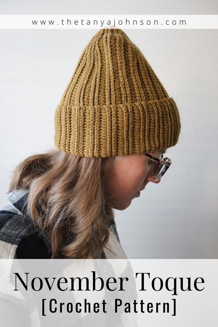 a woman wearing a knitted hat with text overlay reading november toque crochet pattern