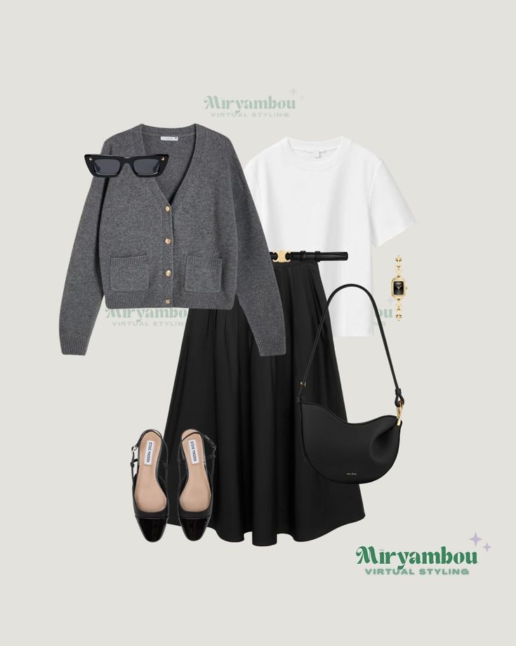 Very simple and classy outfit for the fall days 🍂☁️ . . . . #ootd #fyp #foryou #instagood #instagram #style #fall #fallfashion Rainy Hijab Outfit, Outfit With Grey Cardigan, Asian Outfit Ideas, Dark Grey Cardigan Outfit, Church Fall Outfits, Dark Grey Outfit, Korean Aestethic, Cardigan Skirt Outfit, Dress With A Cardigan