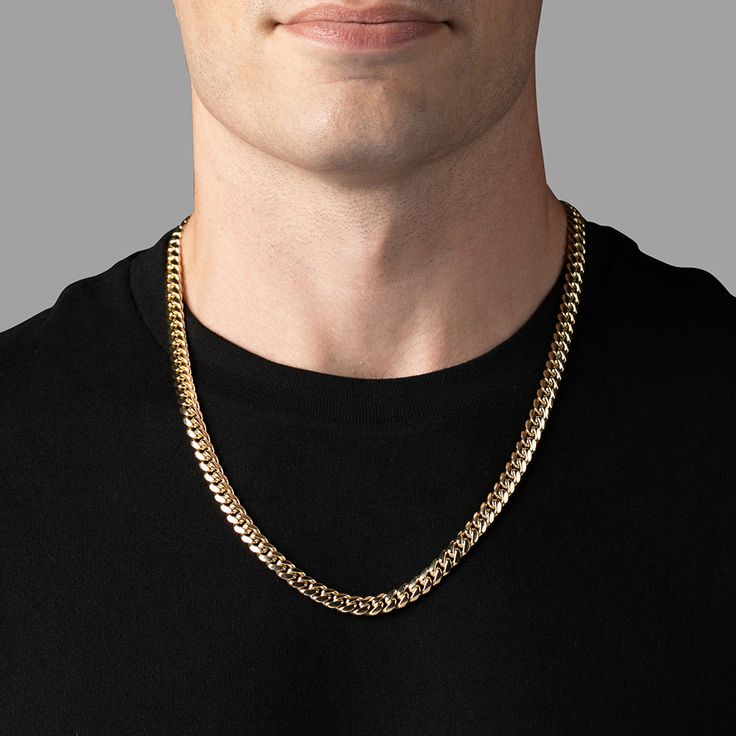 Crafted from solid 14k yellow gold, the 7mm Miami Cuban Link Chain combines timeless elegance with modern masculinity. This iconic men's gold chain features thick, meticulously crafted links that offer exceptional strength and durability. With the perfect weight and shine, it's a piece you'll wear day after day, making a bold statement for any modern man. Its design is both rugged and sophisticated, adding a touch of bold elegance to your look. Whether worn alone or paired with a pendant to expr Gold Necklace For Men, Miami Cuban Link Chain, Miami Cuban Link, Gold Chains For Men, Miami Cuban, Necklace For Men, Cuban Link Chain, Mens Gold, Cuban Link