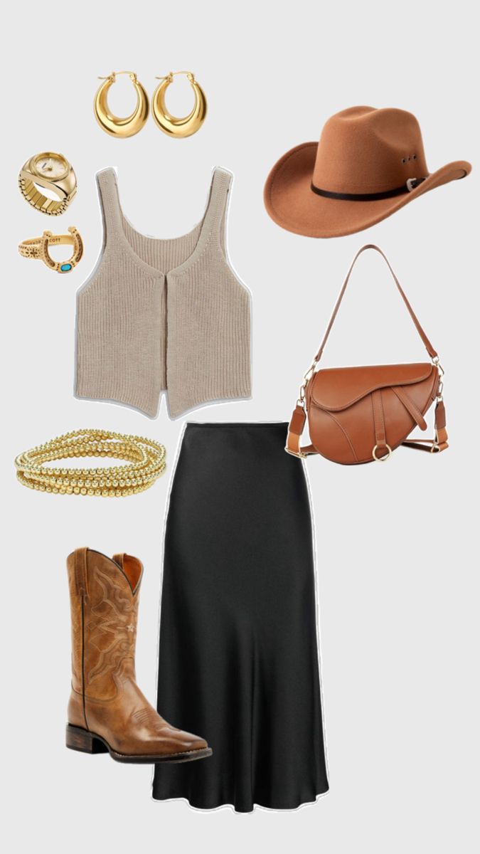 simple but cute and can be both casual and formal! Plain maxi skirt, open from knit tank, brown cowgirl boots, a cowboy hat, and some gold jewelry and a cute purse to bring it all together! Neutral colors Dressy Cowgirl Style Outfits, Hippie Skirt Outfit, Brown Cowgirl Boots Outfit, Cowgirl Boots Outfit Fall, Western Skirt Outfits, Western Hat Outfit, Skirt And Cowboy Boots Outfit, Cowboy Boots Outfit Fall, Brown Cowgirl Boots