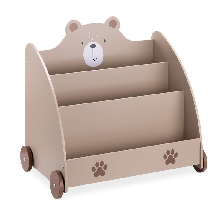 a wooden toy book holder with a bear face on it's head and paw prints