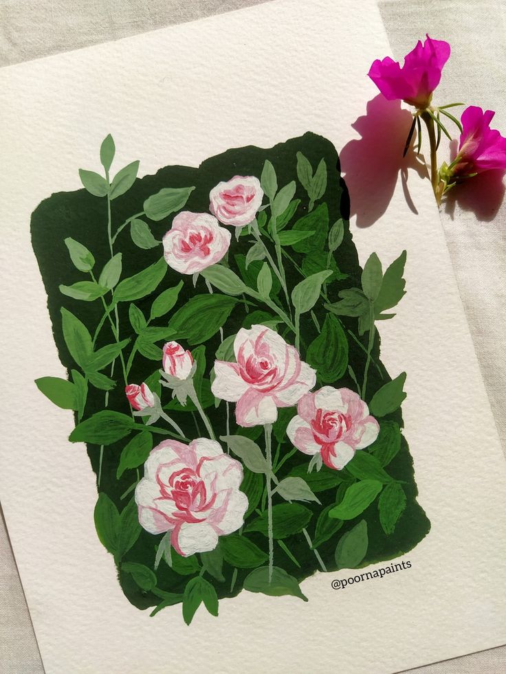 Gouache painting of white and pink roses Guache Art Gouache Painting Flowers, Flowers Painting Gouache, Watercolor Gouache Painting, Guache Flower Painting, Cherry Blossom Gouache, Gouche Flower Painting, Flower Gouache Painting, Acrylic Paint Tips, Simple Gouache Painting Ideas