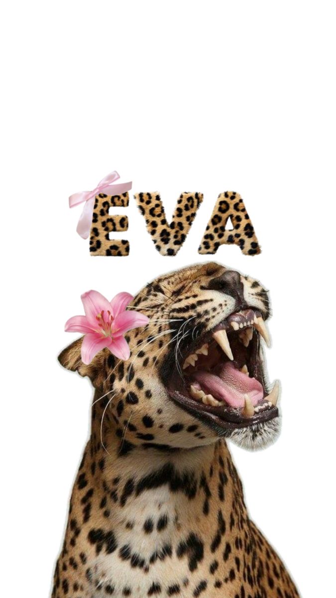 a leopard with its mouth open and the word eva spelled out in front of it