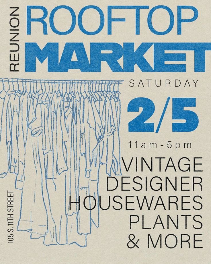 an advertisement for the roof top market, featuring clothes hanging on hangers and more