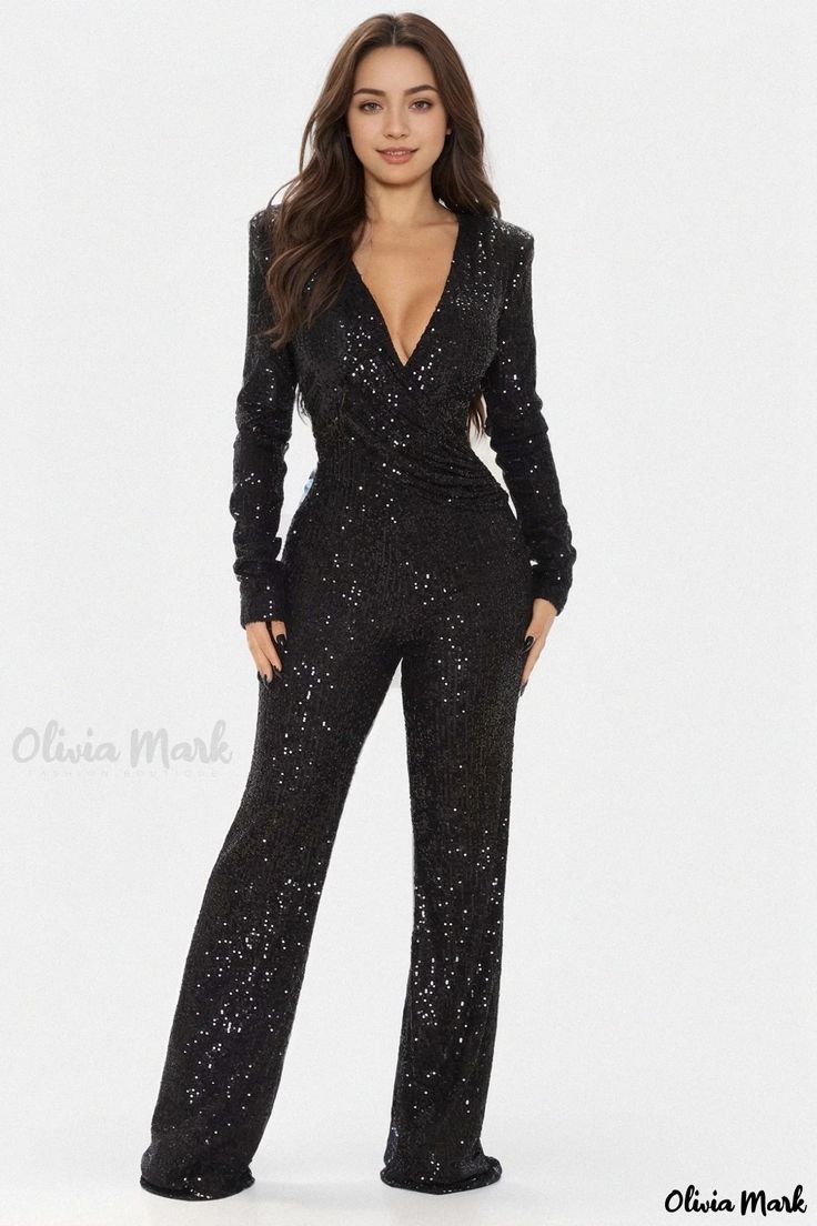 Olivia Mark - Sparkling Sexy Deep V-Neck Jumpsuit Cowl Sleeve, Jumpsuit Elegant, Pant Length, Black Jumpsuit, Chinos Pants, Olivia Mark, Deep V Neck, Dressmaking, Deep V