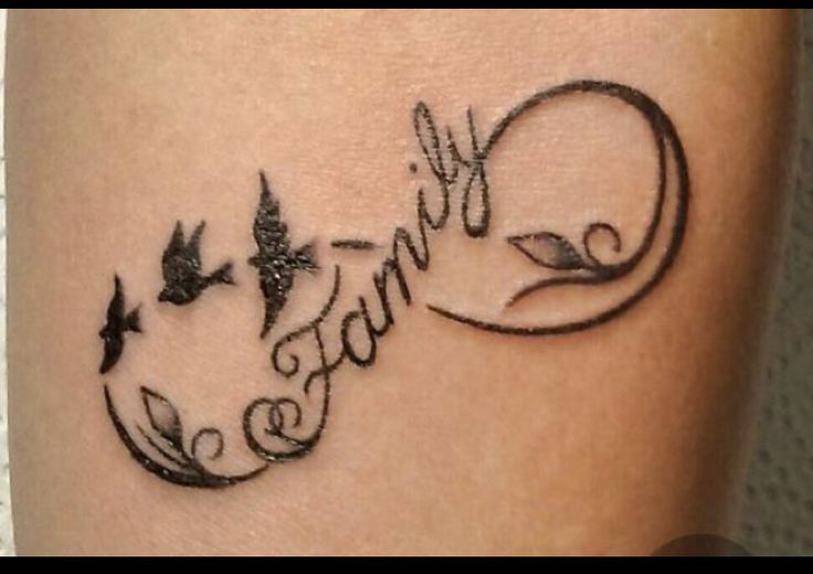 a tattoo with the word family written in cursive writing and birds flying around it