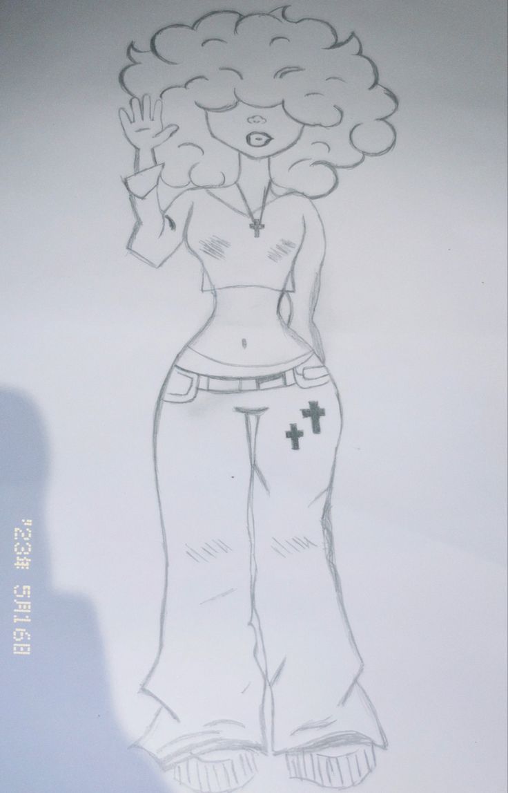 a drawing of a woman with an emo cross on her chest and hands in the air