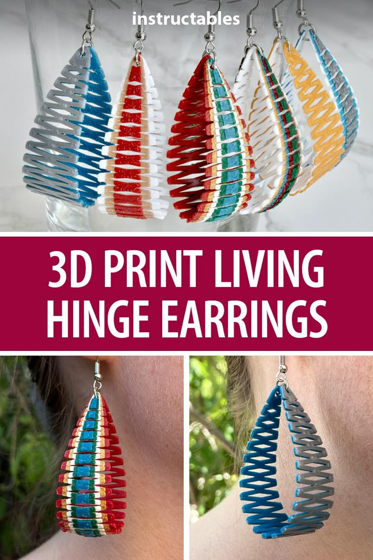 3d print living hinge earrings made from strips of colored paper and metal wire with text overlay that reads, 3d print living hinking hinge earrings