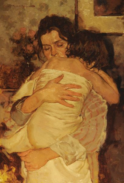 a painting of two women hugging each other