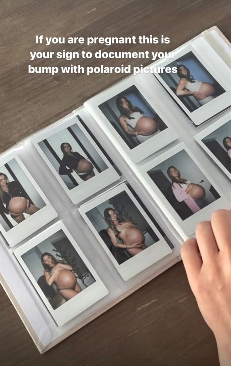 a person is holding an open book with pictures on it and the words if you are pregnant this is your sign to document your bump with polaroid pictures