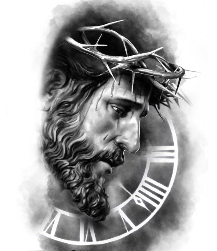 the face of jesus with a crown on his head and roman numerals around it