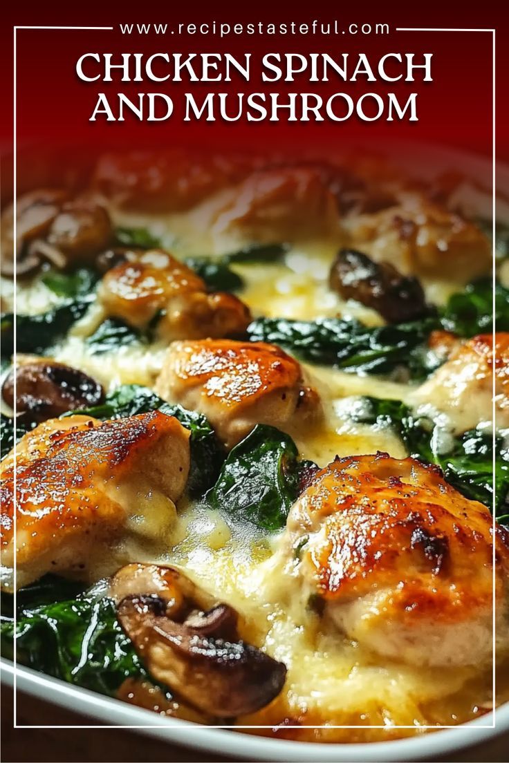 chicken, spinach and mushroom casserole in a red dish with text overlay