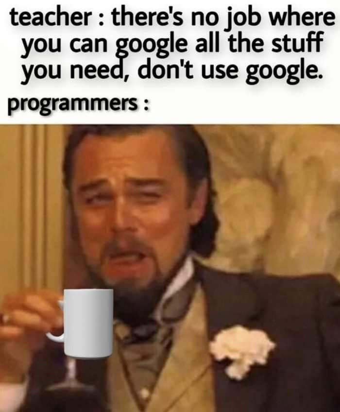 a man in a tuxedo holding a coffee mug with the caption teacher there's no job where you can google all the stuff you need, don't use google