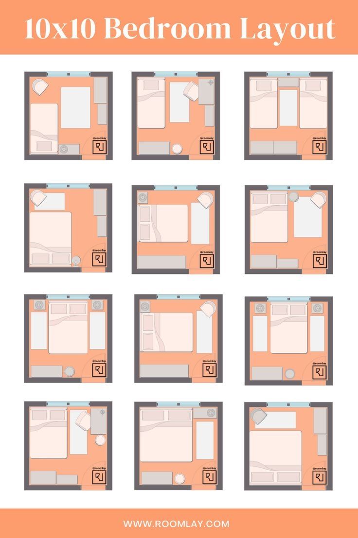 the 10x10 bedroom layout is shown in orange and grey colors, with white trim