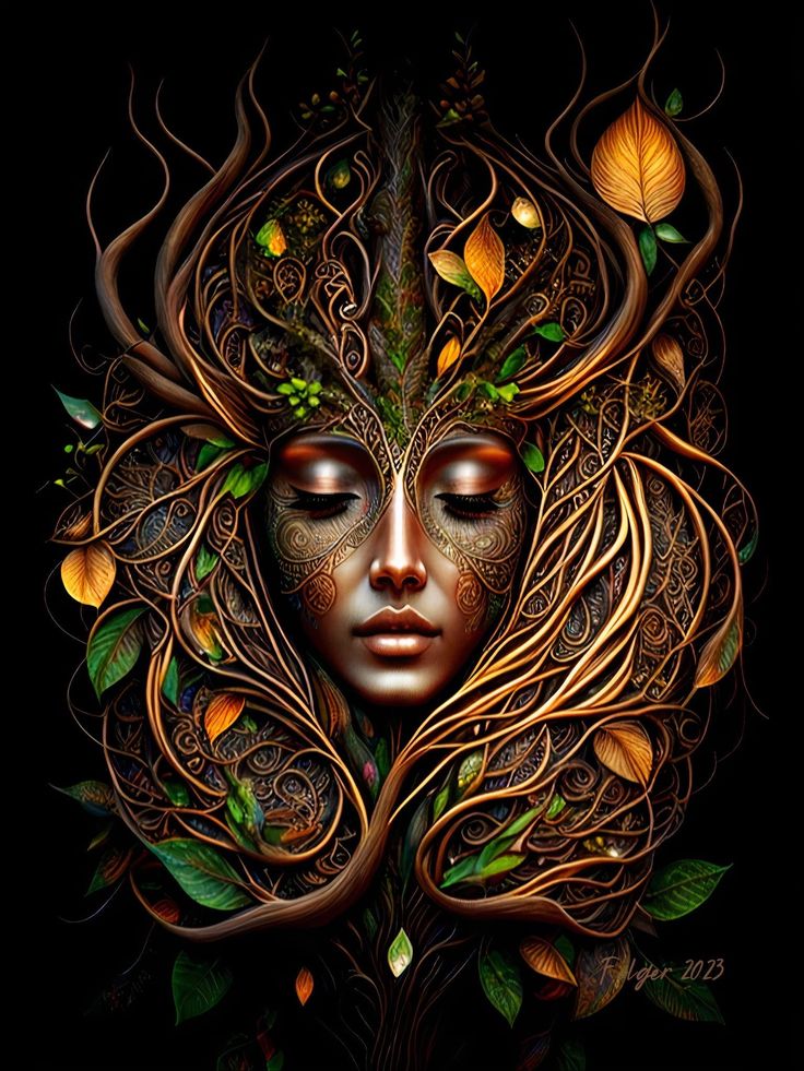 a woman's face is surrounded by leaves and branches, as if it were an intricate