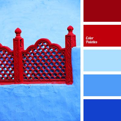 a blue and red color scheme with an iron fence