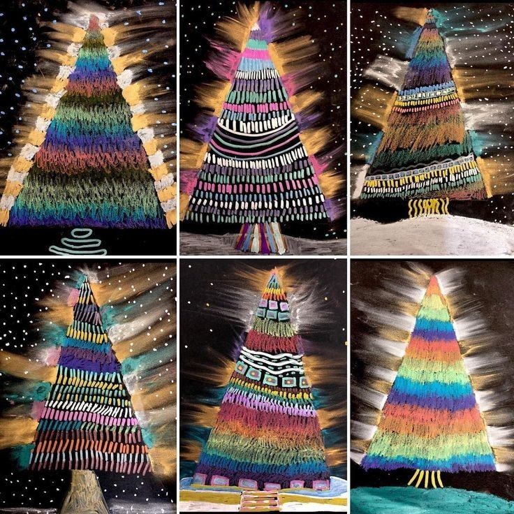 four different christmas trees made out of crayons