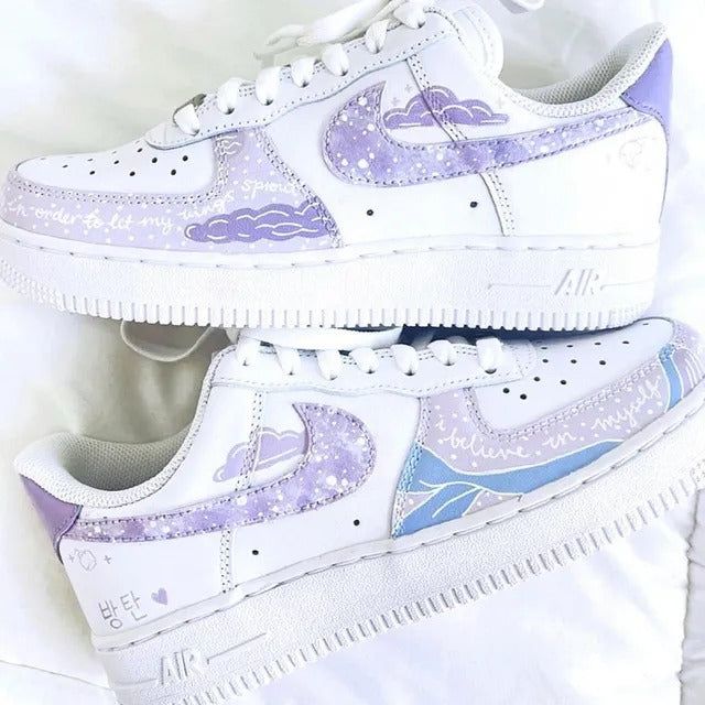 🌌 | Just a young customizer chasing his dreams | 🌌 About me: -Est. since 2018 -Trusted artist / 700+ satisfied customers across various platforms -Everything is hand painted Shipping & Handling: -Worldwide Shipping🌍 -Products will arrive in 2-3 weeks since everything is hand painted -Shoes are shrinked wrap to ensure its journey to you is safe. -Comes with the original box -Please double check your address while placing your order. Kindly make sure it's not incomplete. Shoes and Durability: - Pastel Galaxy, Purple Night, Air Force 1s, Nike Fashion Shoes, Preppy Shoes, Pretty Shoes Sneakers, Custom Air Force 1, Hand Painted Shoes, Cute Nike Shoes