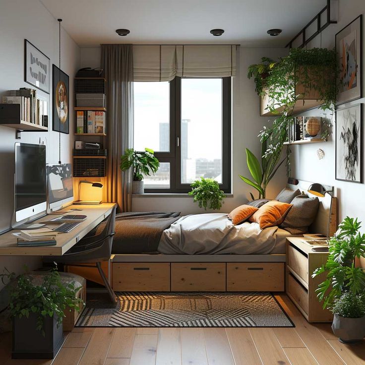 a bedroom with a bed, desk and television in it's corner area next to a window