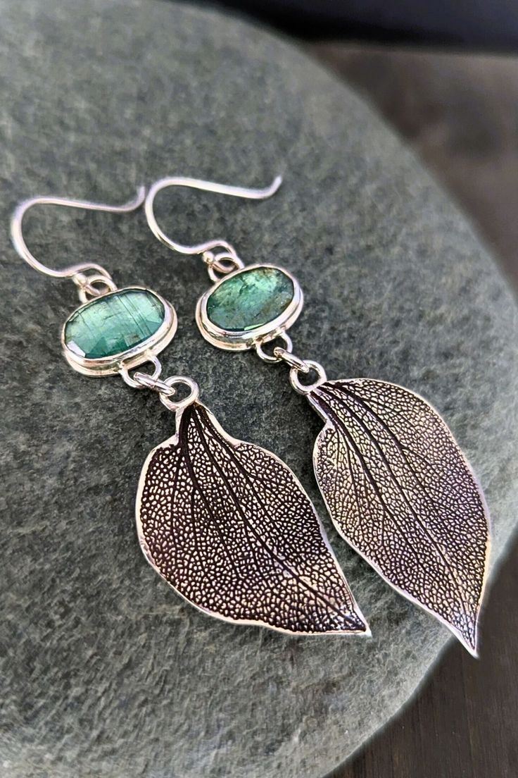 Natural sage textured silver leaves dangle and dance from the bezel set rose cut emerald green kyanite stones. A light patina has been added to the thick gauge 999 fine and 925 sterling silver drop earrings for greater depth and to showcase the lovely leaf texture. Tarnish-resistant thanks to the pure silver content. Nature inspired one-of-a-kind handcrafted jewelry... The earrings you see are the ones you will receive. Sage Leaf, Green Kyanite, Sage Leaves, Artisan Earrings, Sterling Silver Drop Earrings, Vancouver Canada, Silver Drop Earrings, Nature Inspired, Emerald Green