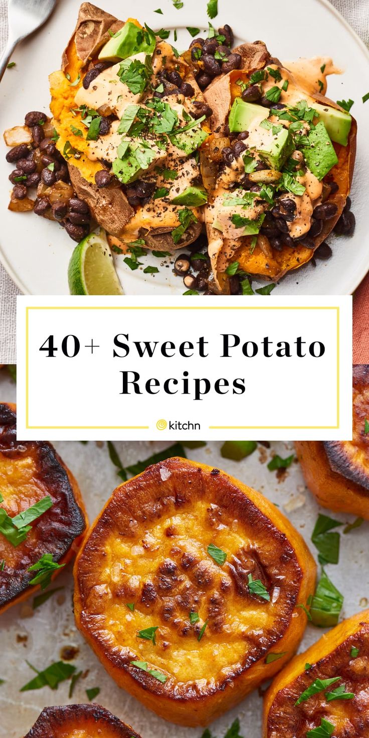 four different pictures with the words 40 + sweet potato recipes on them and an image of grilled vegetables