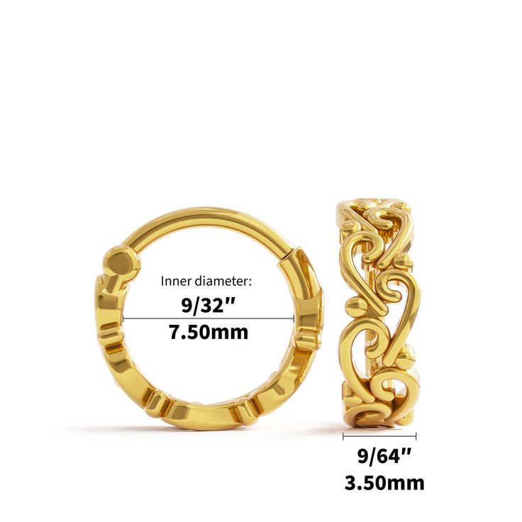 an image of a pair of gold hoop earrings with measurements for the size and width