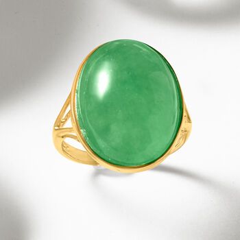 Ross-Simons - Jade Ring in 14kt Yellow Gold. Size 8. Every jewelry box needs a touch of jade! This glossy statement ring showcases a fabulous 15x20mm oval jade cabochon bursting with its signature green hue. Set in polished 14kt yellow gold on a unique open-space split shank. 3/4" wide. Jade ring. Modern Oval Jade Jewelry, Formal Oval Jade Emerald Ring, Modern Oval Jade Ring, Coral Drop Earrings, Sky Blue Topaz Ring, Swiss Blue Topaz Ring, Phoenix Pendant, Elephant Pendant Necklace, Lapis Ring