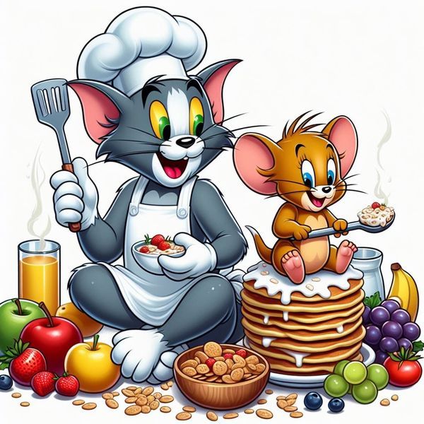 a cartoon cat and mouse sitting on top of a stack of pancakes next to fruit