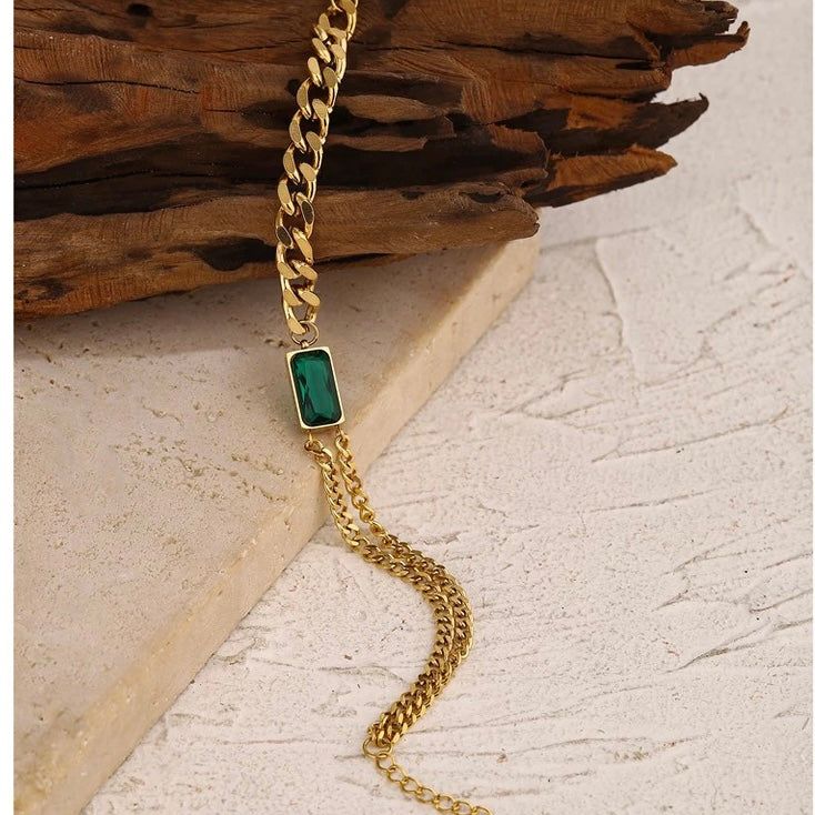 14k gold plated link choker with Emerald color stone in center. Trendy Green Metal Jewelry, Elegant Green Clavicle Chain Necklace, Green Formal Jewelry Chain, Formal Green Chain Jewelry, Trendy Green Chain Link Jewelry, Gold-tone Choker Style Costume Jewelry, Gold-tone Costume Jewelry Choker, Elegant Adjustable Emerald Gemstone Necklace, Gold Emerald Necklace With Adjustable Chain For Formal Occasions