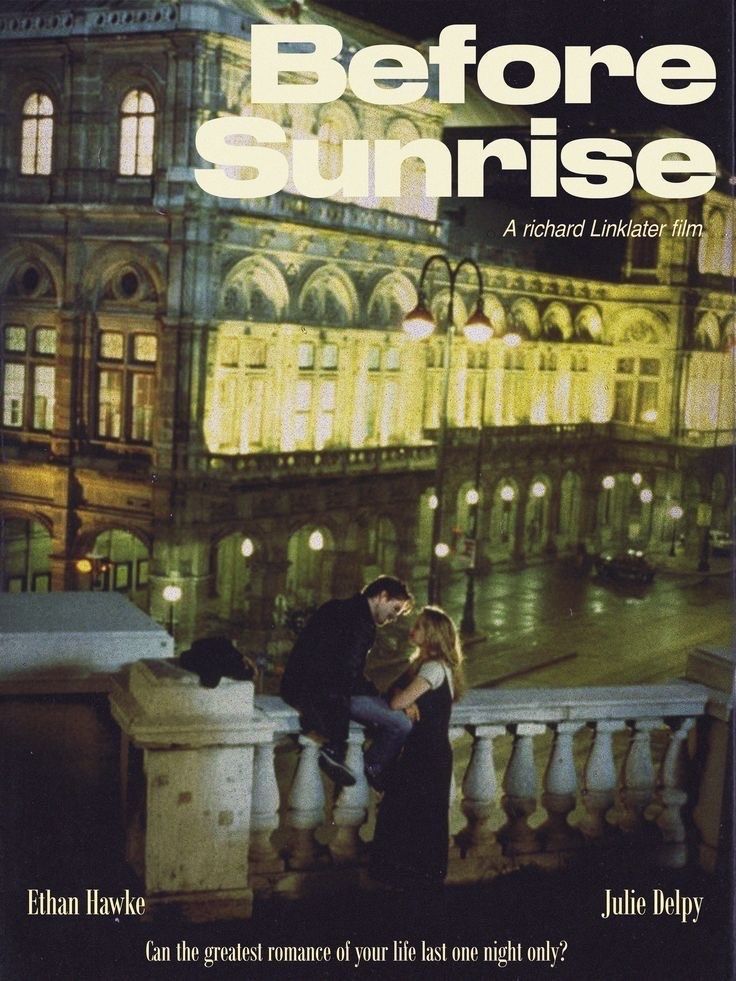 the cover of before sunrise by john boleyy, with an image of a man and woman kissing in front of a building