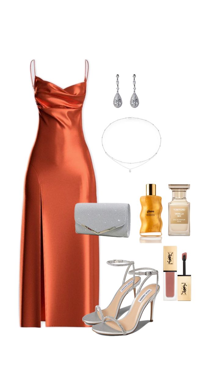 Classy dinner outfit with orange dress and silver assesories Fancy Date Night Outfit Dresses, Fancy Dinner Outfit Classy, Dinner Gowns Classy Style, Dinner Gowns Classy, Heels Outfits Dress, Orange Satin Dress, Dinner Outfit Classy, Dinner Date Outfit, Classy Dinner