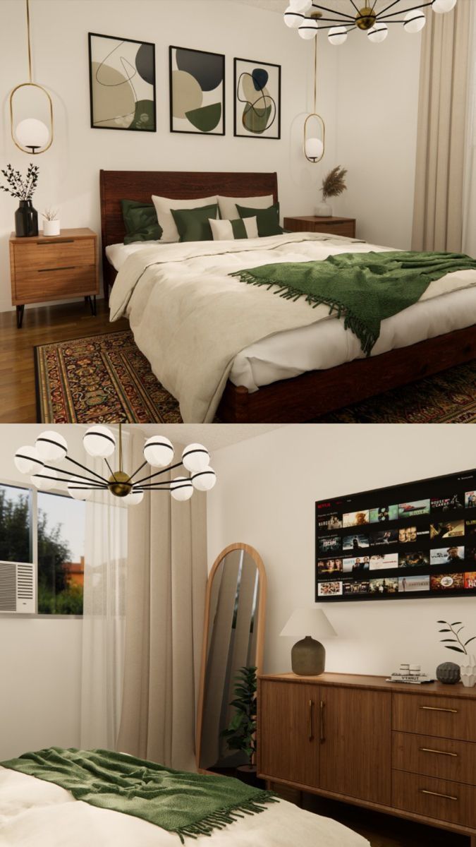 there are two pictures of a bedroom with green decor on the walls and in the bed