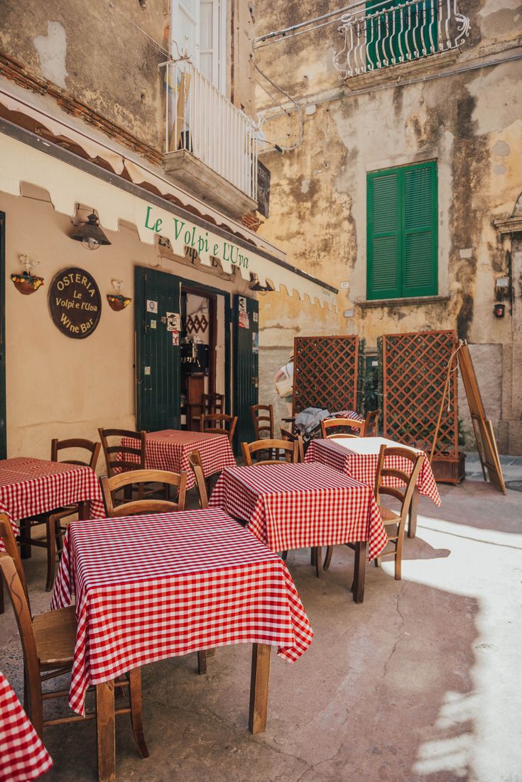 an outdoor restaurant with tables and chairs covered in red checkered tablecloths outside