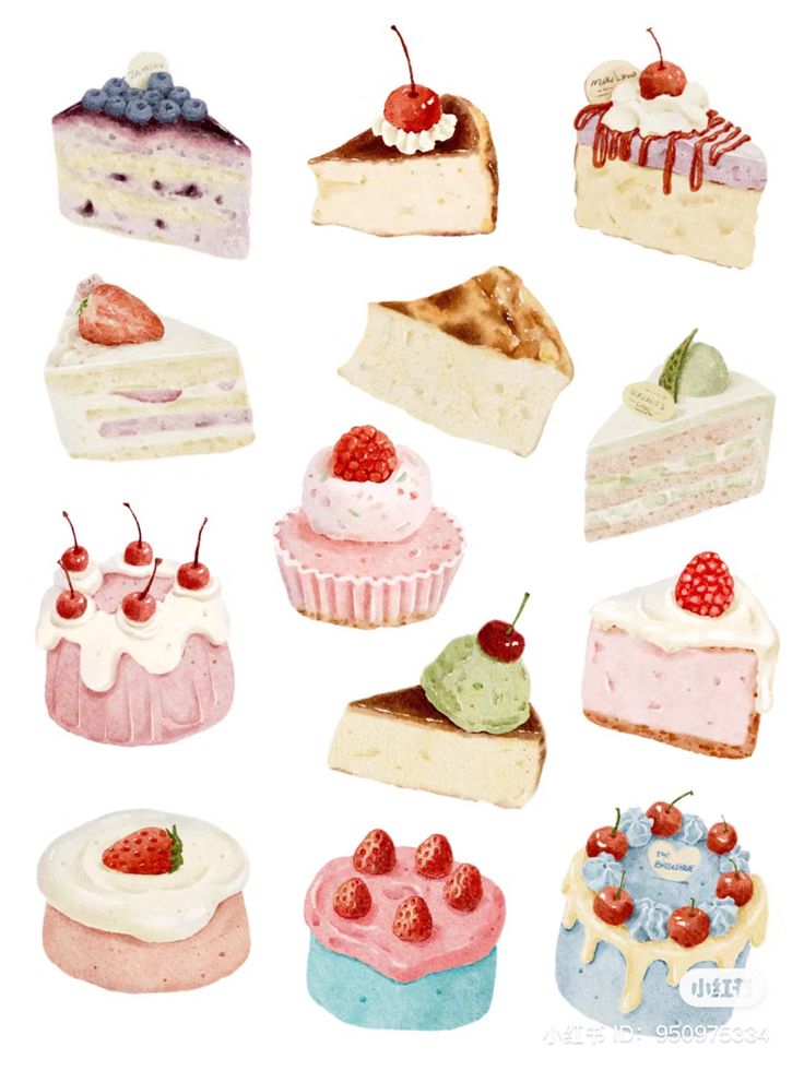 watercolor painting of different types of cakes and desserts