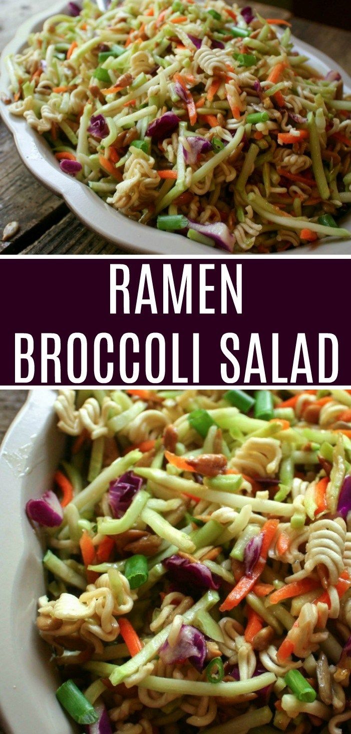 two plates filled with ramen broccoli salad on top of a wooden table