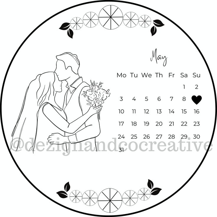 a wedding calendar with a bride and groom hugging each other in front of the date