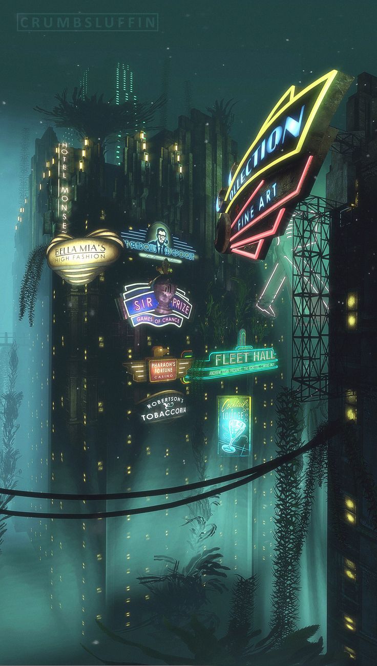 a futuristic city at night with neon signs