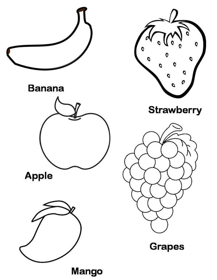 fruits and vegetables coloring page with the words bananas, banana, apple, grape, mango