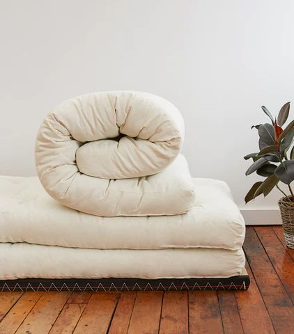 a pile of pillows sitting on top of a wooden floor next to a potted plant