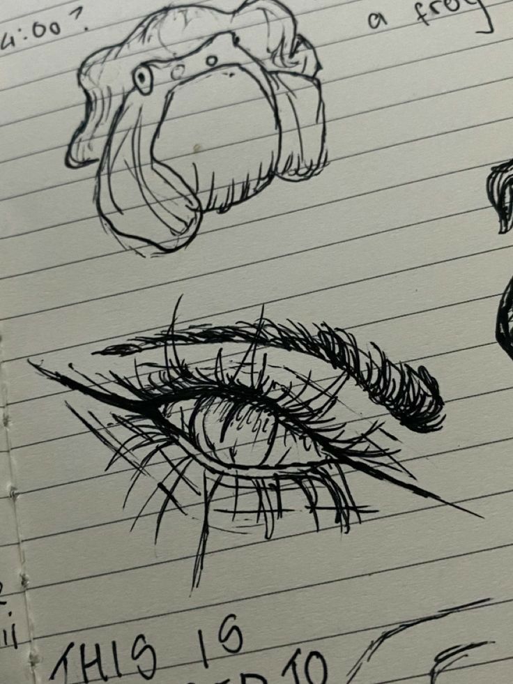 an open notebook with some drawings on it, including eyeballs and lips in different directions