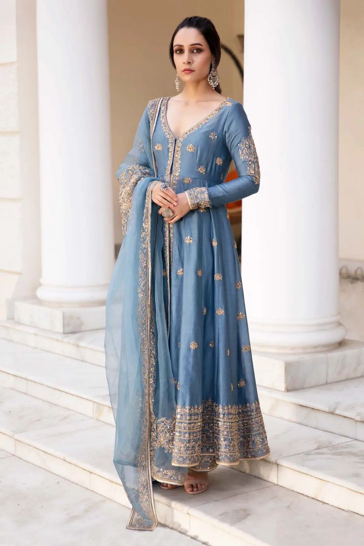 Buy Megha & Jigar Blue Embroidered Chanderi Kurta Set Online | Aza Fashions Blue Jacket Style, Nida Azwer, Blue Kurta, Moonlit Night, Anamika Khanna, Traditional Indian Outfits, Indian Dresses Traditional, Indian Dress, Indian Suits