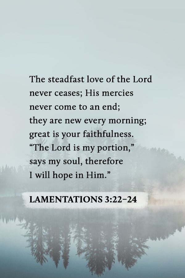 a lake with trees in the background and a bible verse about lamentations 22 - 24