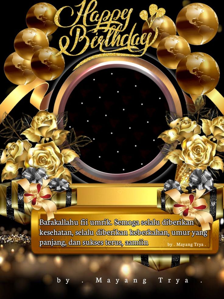 a happy birthday card with gold roses and balloons in the center, on a black background